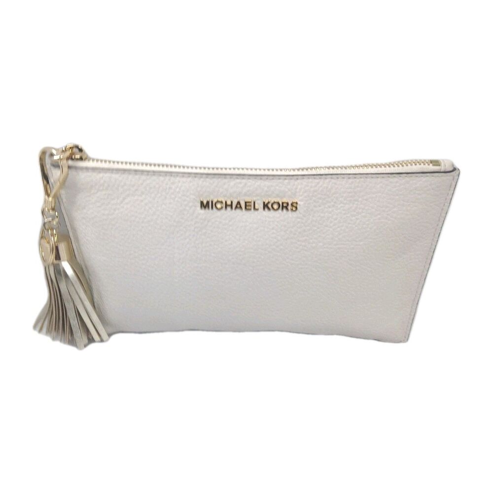 Michael Kors Leather Clutch Purse Off White Tassel & Key Ring Accents
